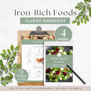 Puede incluir: Un folleto digital titulado "Alimentos ricos en hierro" con una carpeta, una tableta y vegetación. La carpeta muestra una hoja de trucos con fuentes de alimentos. La tableta muestra una ensalada. El texto incluye "Client Handout" y "4 páginas."