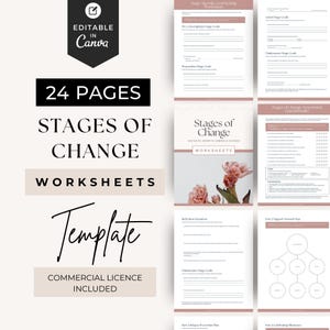 Könnte beinhalten: Eine digitale Vorlage für 24 Arbeitsblätter zu den Phasen der Veränderung. Die Vorlage zeigt eine rosa Blumengrafik und den Text "Phasen der Veränderung" in einem rosa-weißen Farbschema. Der Text "24 Seiten" und "In Canva bearbeitbar" ist ebenfalls im Bild enthalten.