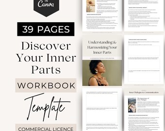 May include: A 39-page digital workbook template titled Discover Your Inner Parts, featuring editable layouts for self-exploration. The document includes sections on integration, harmony, and inner dialogue, with text, prompts, and imagery.