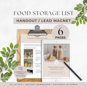 May include: A digital food storage list handout and lead magnet template featuring 6 pages. The design includes a clipboard with a printed list, a tablet displaying the document cover, a black stylus, and green leaf accents on a white background.