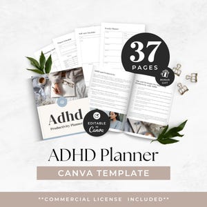 May include: An ADHD Productivity Planner Canva template with 37 pages, a bonus gift, and a commercial license. The cover features the word "Adhd" and the text "Productivity Planner". The image includes leaves, paper clips, and a woman.