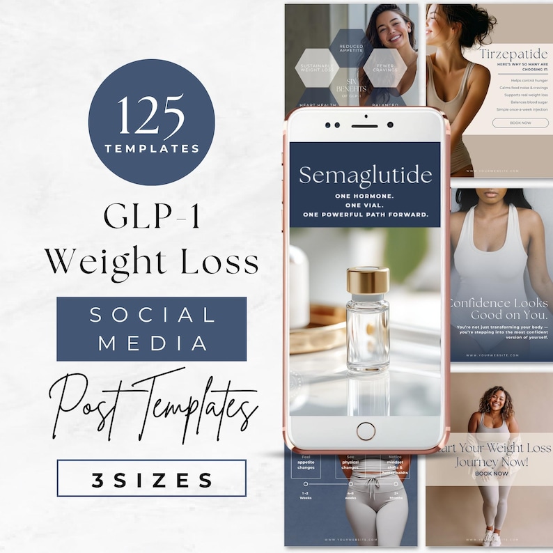 GLP1 Social Media Templates, Tirzepatide & Semaglutide Marketing, Medical Weight Loss Instagram Kit, Editable Canva Posts, Med Spa Clinic Ad image 1