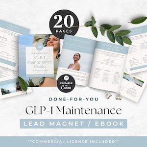 Puede incluir: Una plantilla de ebook lead magnet de 20 páginas titulada GLP-1 Maintenance Guide con acentos azul claro, encabezados de texto e imágenes de una persona al aire libre. El documento incluye secciones sobre disparadores de transición y hábitos.