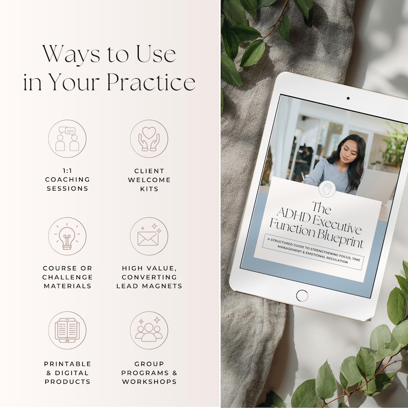 May include: A digital tablet shows "The ADHD Executive Function Blueprint" with a woman. The image also features icons for coaching sessions, welcome kits, course materials, lead magnets, and digital products.