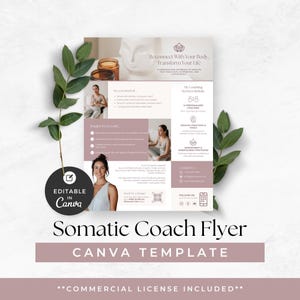 Peut inclure: Flyer de coach somatique, modèle Canva, avec un design rose clair et blanc. Le flyer comprend du texte et des images, avec les mots "Reconnectez-vous avec votre corps, transformez votre vie" en haut. Le bas du flyer indique "Somatic Coach Flyer CANVA TEMPLATE".