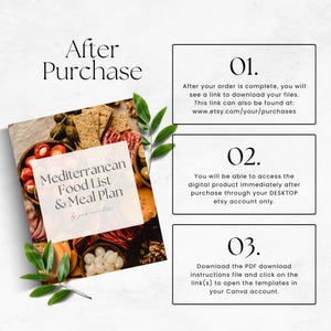 Op de afbeelding: Een digitale downloadgids voor een mediterrane voedsellijst en een maaltijdplan. De gids bevat een foto van een charcuterieplank met verschillende mediterrane voedingsmiddelen. De tekst op de gids luidt "Mediterranean Food List & Meal Plan". De gids bevat ook instructies over hoe je toegang krijgt tot het digitale product en de sjablonen in Canva downloadt.