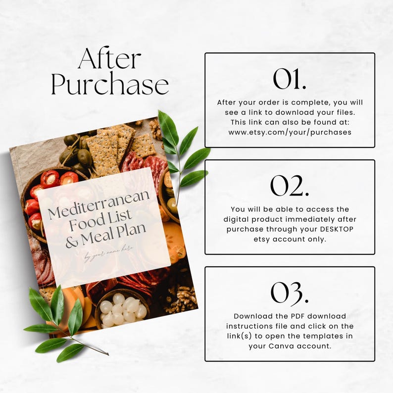 Op de afbeelding: Een digitale downloadgids voor een mediterrane voedsellijst en een maaltijdplan. De gids bevat een foto van een charcuterieplank met verschillende mediterrane voedingsmiddelen. De tekst op de gids luidt "Mediterranean Food List & Meal Plan". De gids bevat ook instructies over hoe je toegang krijgt tot het digitale product en de sjablonen in Canva downloadt.