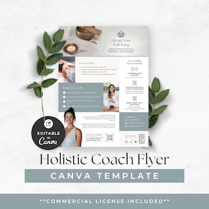 Può includere: Un modello di volantino per coach olistico Canva con un tema benessere, che include immagini di una persona, una campana tibetana e una candela. Il testo include Elevate Your Well Being, My Coaching Services Include e contatti. Un'etichetta nera riporta Editable in Canva.