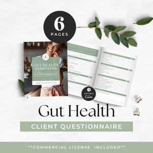 May include: A six-page gut health client questionnaire template featuring a cover page with a person and a questionnaire interior with green headers. The document includes text fields for symptoms and health history, with an editable in Canva badge.