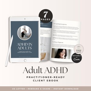 May include: A digital tablet displaying a blue cover titled ADHD IN ADULTS A PRACTICAL GUIDE FOR UNDERSTANDING ADULT ADHD next to an open 7-page document with text sections titled Recognizing Symptoms and Seeking a Diagnosis and a white stylus.