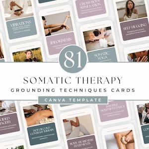 以下が含まれることがあります： ソマティックセラピーのグラウンディングテクニックカードのコレクション。カードには、振動、イデオキネシス、ソマティックヨガなど、さまざまなテクニックが紹介されています。「81」の数字が大きく表示され、「Somatic Therapy」と「Canva Template」の文字も表示されています。