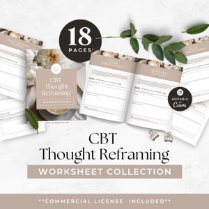 May include: A collection of CBT Thought Reframing worksheets. The image shows an open workbook, several loose pages, and a cover page with the text "CBT Thought Reframing WORKSHEETS". The cover page features a cup of coffee. The image also includes the text "18 PAGES".