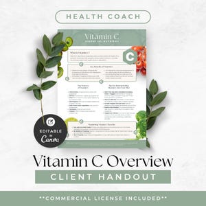 以下が含まれることがあります： 「Vitamin C Overview」と書かれた緑と白のインフォグラフィック。テキストは「Client Handout」です。ビタミンC、その利点、情報源に関する情報が含まれています。「Editable in Canva」という言葉も表示されています。