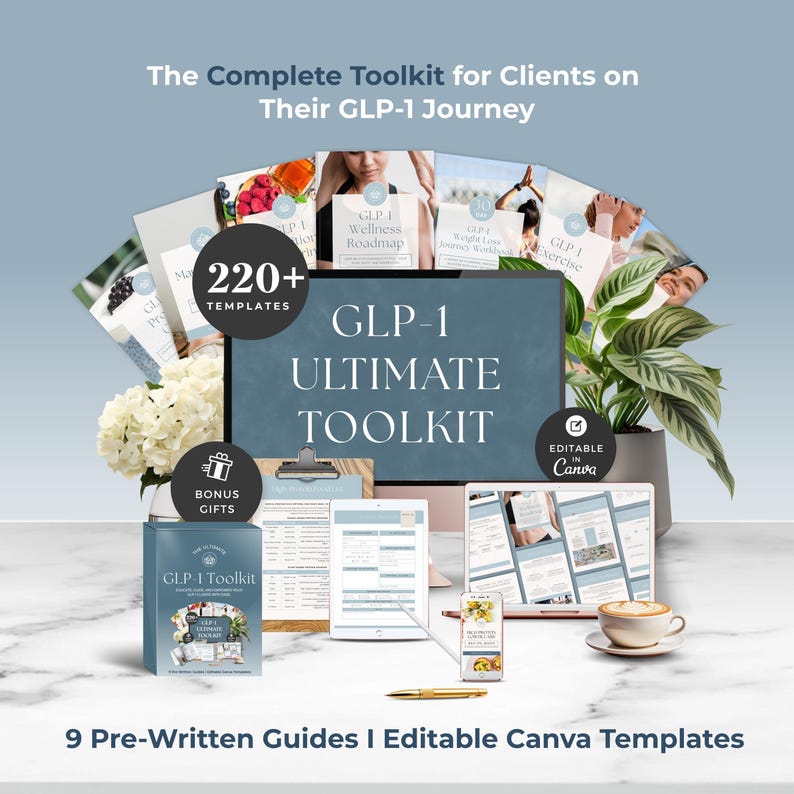 GLP1 Editable Canva Template Bundle, Health Coach Program Resources, Medical Weight Loss eBook, Semaglutide and Tirzepatide Client Tools image 1