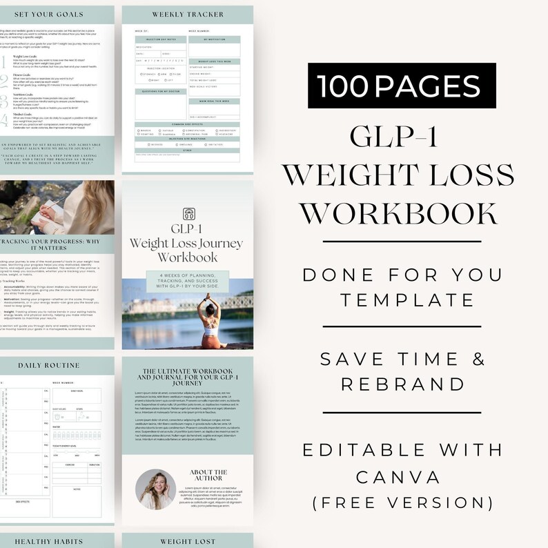 GLP-1 4 Week Weight Loss Workbook
Canva Editable Template
Commercial license included
100 Pages
