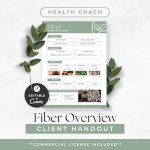 Puede incluir: Un folleto blanco y verde titulado "Fiber Overview" con el texto "Health Coach" en la parte superior. El folleto incluye información sobre los beneficios, tipos, fuentes y la ingesta diaria de fibra. También se ven las palabras "Editable in Canva".