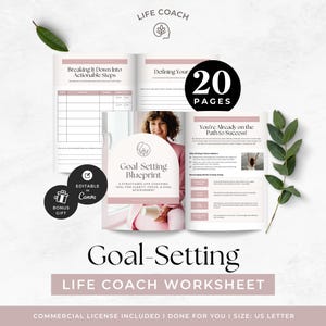 May include: A 20-page goal-setting blueprint life coach worksheet in US letter size. The document features sections for breaking down actionable steps, defining goals, and tracking progress, with text including Goal-Setting Blueprint and editable in Canva.