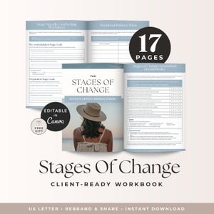May include: A 17-page Stages of Change client-ready workbook featuring worksheets and an assessment questionnaire. The cover displays the text The Stages of Change, Navigate Growth, Embrace Change, and an image of a person wearing a hat.