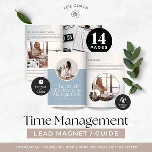 May include: A 14-page digital time management lead magnet guide template featuring text, photography, and graphic elements. The document includes sections titled Set Clear Goals & Priorities and The Art of Effective Time Management, with editable Canva integration and a bonus gift icon.