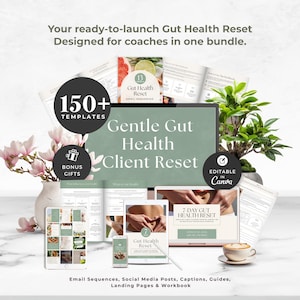 May include: A digital marketing bundle for coaches featuring the text Gut Health Reset, 150+ Templates, and Editable in Canva. The display includes various document layouts, a tablet, a smartphone, and a laptop screen showing a 7-day programme.