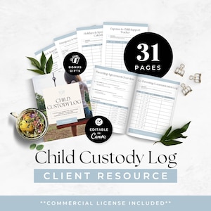 May include: A 31-page Child Custody Log client resource template set featuring an open planner with a Parenting Agreement Overview and Co-Parenting Communication Log, plus additional document pages, all editable in Canva with bonus gifts included.