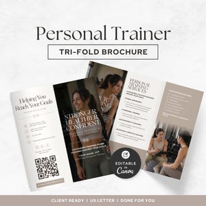 May include: A tri-fold brochure template for a personal trainer featuring a white and beige colour scheme. The design includes text such as Personal Trainer, Helping You Reach Your Goals, Stronger Healthier Confident, and a QR code for contact.
