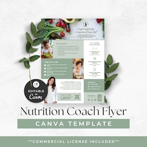 Könnte beinhalten: Eine Flyer-Vorlage für einen Ernährungsberater mit Bildern von gesunden Lebensmitteln und Frauen. Das Design enthält Texte wie "Fuel Your Body, Empower Your Life" und "Nutrition Coach Flyer". Die Vorlage ist in Canva editierbar und enthält eine kommerzielle Lizenz.
