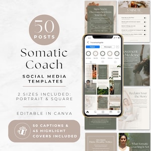 Può includere: Immagine promozionale per un set di modelli di social media per un coach somatico. L'immagine presenta uno smartphone che mostra modelli di Instagram, insieme a grafica promozionale aggiuntiva. I modelli includono 50 didascalie e 45 copertine di evidenziazione, modificabili in Canva.