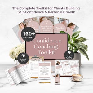 May include: A digital confidence coaching toolkit featuring 160+ templates, including workbooks, journals, and checklists. The set includes a desktop monitor, tablet, and smartphone displaying editable Canva layouts in a soft mauve and white color palette.