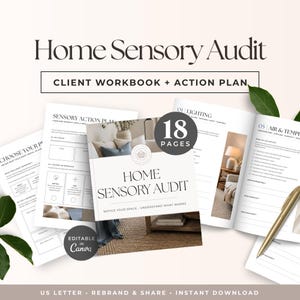 Può includere: Un quaderno di esercizi e piano d'azione Home Sensory Audit di 18 pagine. Il documento presenta pagine bianche con testo nero, incluse sezioni per piani d'azione sensoriali, illuminazione e temperatura. Una penna dorata poggia sulle pagine aperte.