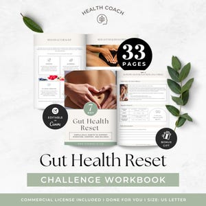 Peut inclure: Un cahier d'exercices intitulé "Gut Health Reset" avec le texte "Challenge Workbook". La couverture présente des images de mains formant un cœur sur un estomac et une femme. Le cahier d'exercices compte 33 pages et comprend un cadeau bonus.