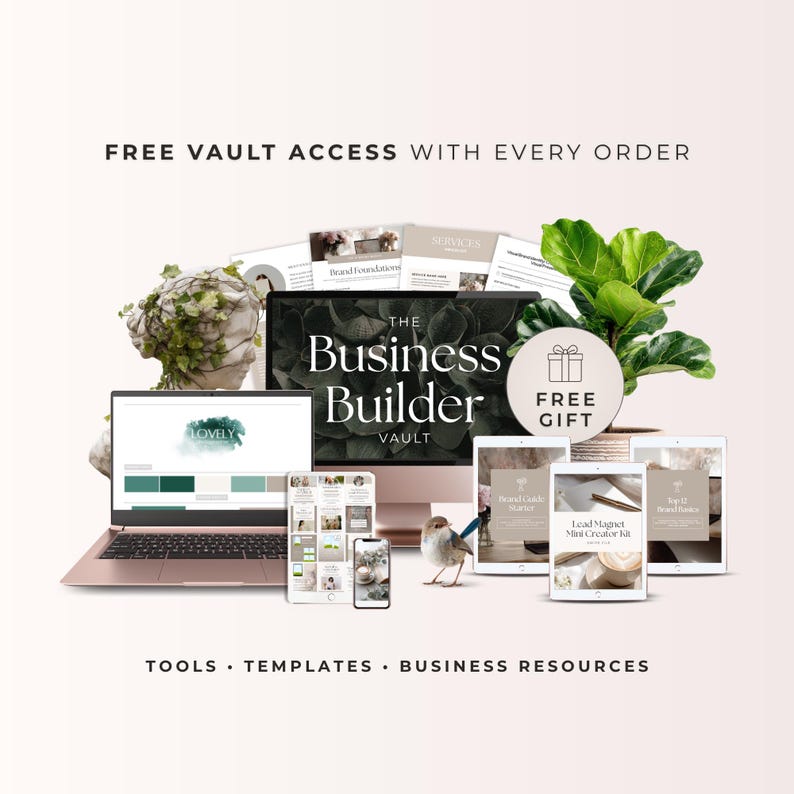 The image is an advertisement for a vault service that offers free vault access with every order. It features various tools, templates, and business resources related to the vault service, including a laptop, tablet, and smartphone.