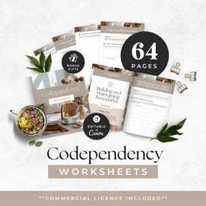 May include: A collection of 64 pages of Codependency Worksheets featuring neutral-toned layouts, text headers like Building and Maintaining Boundaries, and Understanding Boundaries, with bonus gift icons and an editable in Canva badge included.