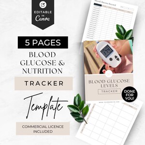 May include: A 5-page blood glucose and nutrition tracker template editable in Canva. The document features a white background with black text, including a blood glucose record chart and a tracker cover showing a digital blood glucose monitor.