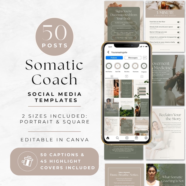Somatic Therapy Instagram Templates, Editable Mental Health Social Media Content, Holistic Wellness Marketing Kit, Nervous System Regulation image 1