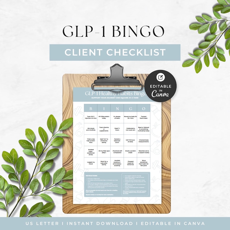 GLP-1 Healthy Habits Bingo, Health Coach Client Handout, Medical Weight Loss Education, Semaglutide and Tirzepatide Program Resource, Canva Bild 1