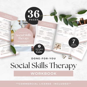 May include: A 36-page Social Skills Therapy workbook featuring blush pink and white layouts with text headers like Understanding Communication and Different Styles of Communication. The document includes 7 worksheets and is editable in Canva.