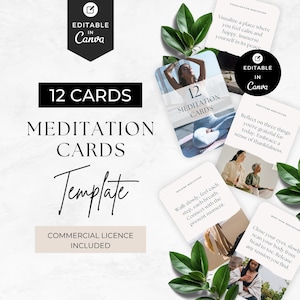 May include: A set of 12 meditation cards featuring a template design with text that reads 12 CARDS MEDITATION CARDS Template and EDITABLE IN Canva. The cards display various mindfulness prompts and imagery, accented by green leaves on a white background.