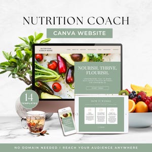Peut inclure: Un kit marketing numérique pour coach en nutrition comprenant un écran d'ordinateur, une tablette et un smartphone affichant un modèle de site web avec le texte Nourish. Thrive. Flourish. Le design inclut des accents vert sauge, un badge 14 templates et des images de légumes et fruits frais.