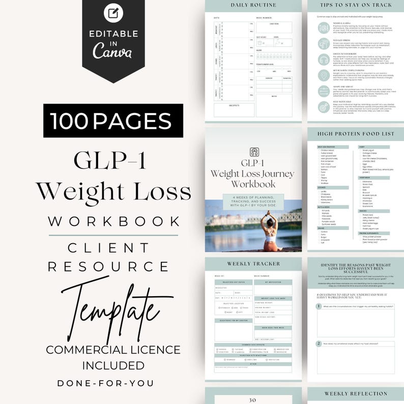 GLP-1 Four Week Weight Loss Workbook - Client Resource
Canva Editable Template
Commercial license included
100 Pages
