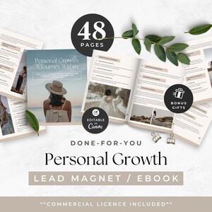 Puede incluir: Una plantilla de libro electrónico de 48 páginas sobre crecimiento personal titulada Personal Growth: A Journey Within. El documento presenta páginas beige y blancas con texto, fotografías de una persona con sombrero y elementos editables en Canva.