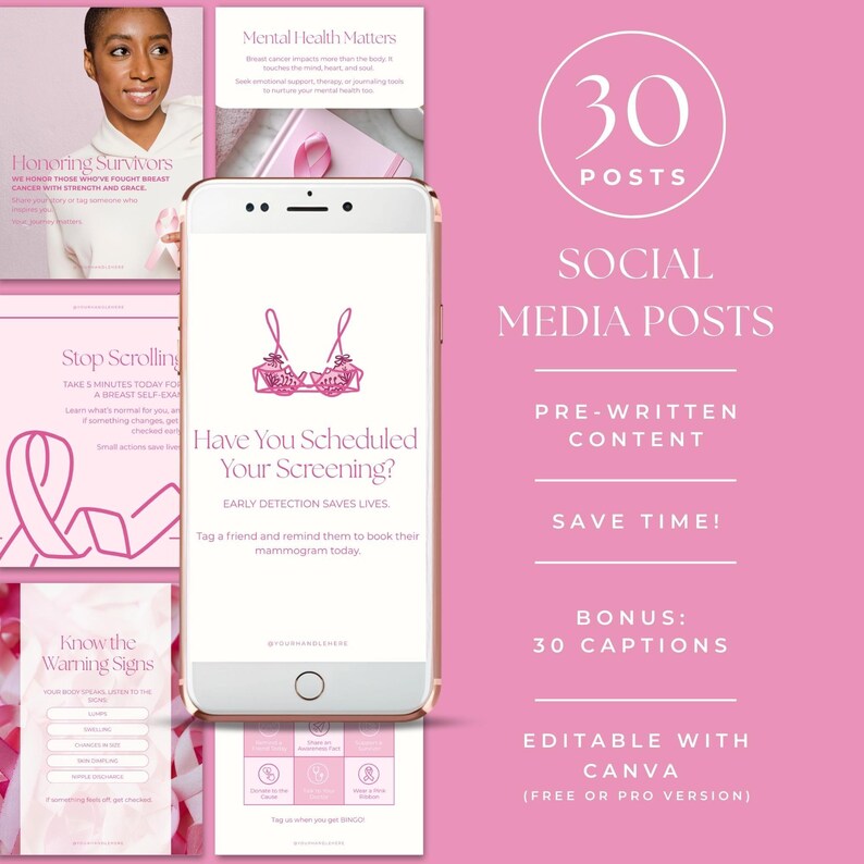 Sociala medier för medvetenhet om bröstcancer, Instagram-inlägg om kvinnors välbefinnande, professionella inom kvinnors hälsa, Rosa bandet-kampanjen, stöd till överlevande bild 2