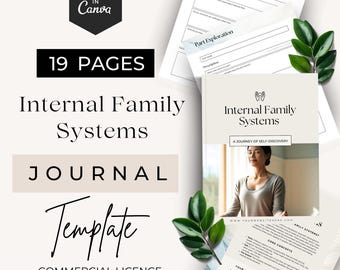 May include: A 19-page Internal Family Systems journal template editable in Canva. The document features text headers, reflection prompts, and part exploration sections. The cover displays the title, a photo of a person, and the text A Journey of Self-Discovery.