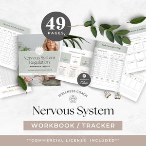 Könnte beinhalten: Ein Arbeitsbuch und Tracker mit dem Titel "Nervous System Regulation" mit 49 Seiten. Das Cover zeigt eine Frau und den Text "Your Daily Autonomic Awareness Tool". Zusätzliche Seiten enthalten eine Körpersensationskarte und eine Kurzanleitung.