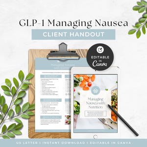 May include: A digital client handout titled GLP-1 Managing Nausea displayed on a tablet and a clipboard. The document features nutritional advice, food strategies, and hydration tips. A black stylus rests on the tablet screen, which shows a food image.
