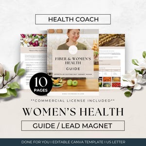 Op de afbeelding: Een 10-pagina tellende digitale gezondheidsgids-sjabloon getiteld Fiber & Women's Health Guide, met een omslagafbeelding van een persoon in een keuken met appels en avocado's, en binnenpagina's met tekst, grafieken en afbeeldingen van voedsel.