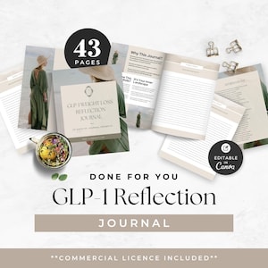 May include: A 43-page GLP-1 Weight Loss Reflection Journal with 30 days of journal prompts. The set includes multiple open pages with lined sections, affirmations, and text, alongside a cup of herbal tea and metal binder clips. Editable in Canva.