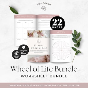 May include: A Wheel of Life Worksheet Bundle with a commercial license. The bundle includes 22 pages and is editable in Canva. The cover features the text "12 Area Wheel of Life" and "Wheel of Life Bundle Worksheet Bundle."