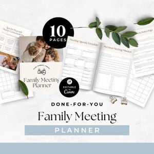 Può includere: Un pianificatore di riunioni di famiglia con 10 pagine, con modelli e suggerimenti per le discussioni familiari. Il design include una foto di famiglia, il testo "Family Meeting Planner" e il logo Canva. Il pianificatore è progettato per aiutare le famiglie a connettersi e prosperare.