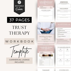 May include: A 37-page trust therapy workbook template editable in Canva. The document features a soft pink and white color scheme with various worksheets, including Understanding Personal Boundaries, The TRUST Framework, and Building Bridges.